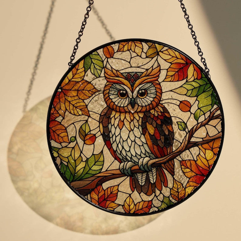 Owl Autumn Glass Hanging, Owl Decor, Bird Nerd, Home Decor, Owl Suncatcher Decor, Fall Vibes, Gift For Her, Thanksgiving Gift