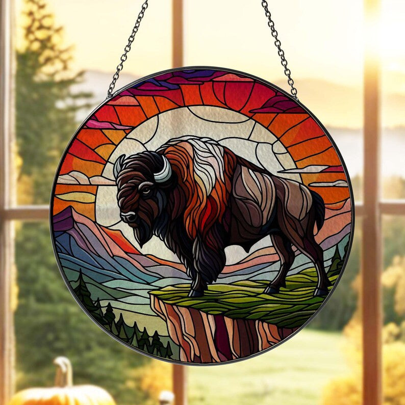 Bison On Cliff Sunset Glass Hanging, Mountain Range Glass, Bison Lover Gift, Nature Landscape, Wildlife Landscape, Mountain Range