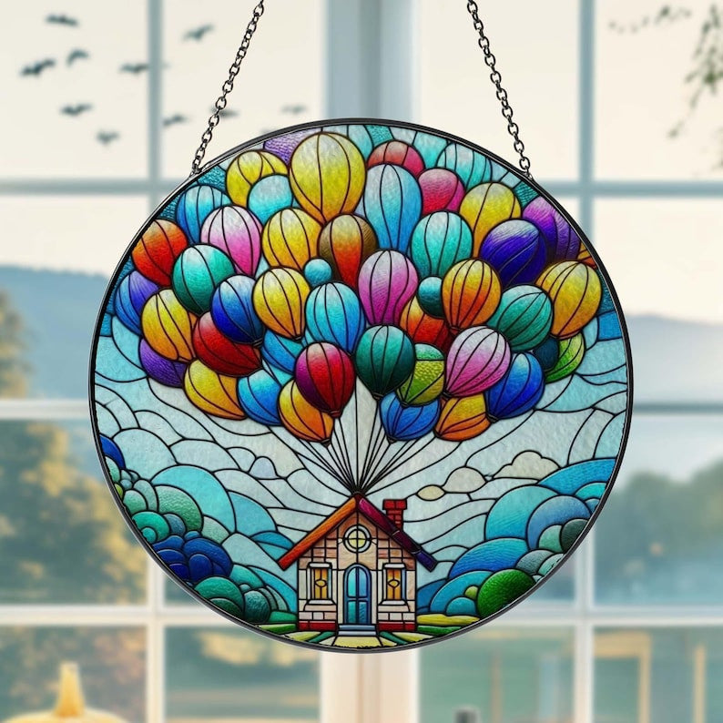 Colorful Balloon With House Glass Hanging, Up House Decor, Balloon Glass Hanging, Kitchen Decor, Grandma Gift,