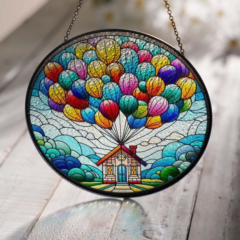 Colorful Balloon With House Glass Hanging, Up House Decor, Balloon Glass Hanging, Kitchen Decor, Grandma Gift,