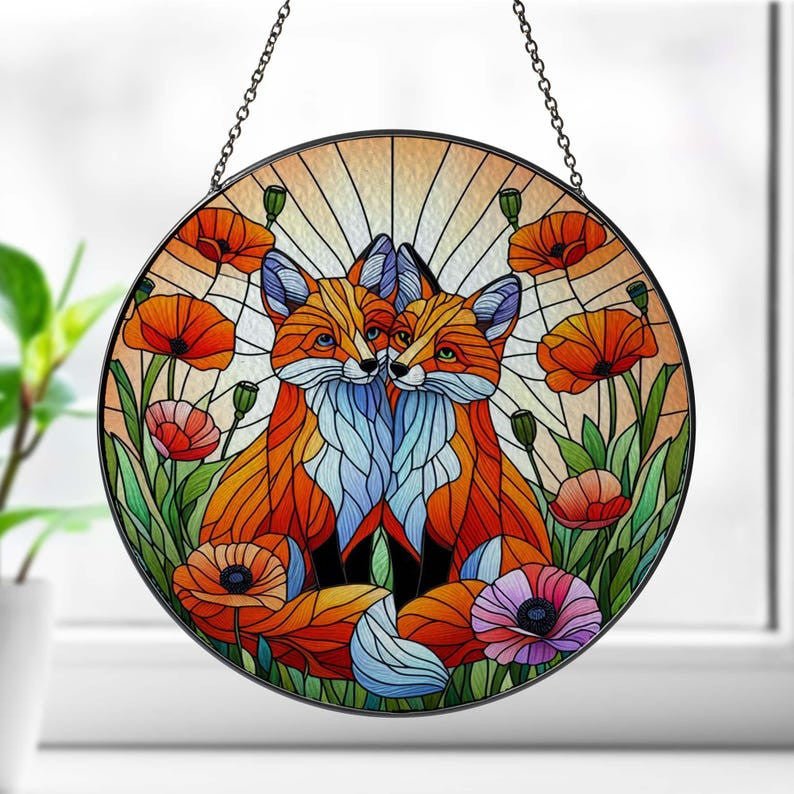 Fox Couple And Orange Poppies Glass Hanging, Fox Lover Decor, Gift For Wife, Home Decor, Fox Decor, California Poppies Decor