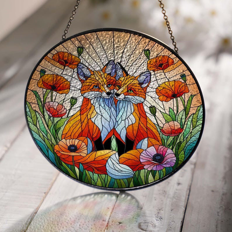 Fox Couple And Orange Poppies Glass Hanging, Fox Lover Decor, Gift For Wife, Home Decor, Fox Decor, California Poppies Decor