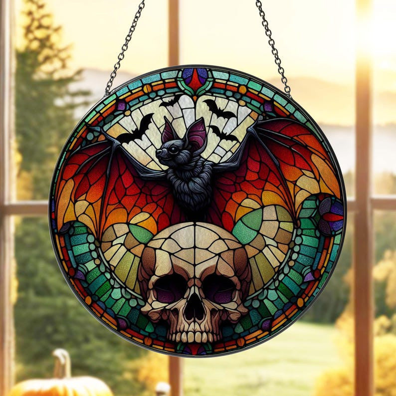Bat On Skull Glass Hanging, Bat Halloween Window Hanging, Bat Glass Hanging, Dark Academia, Gothic Sign, Housewarming Gift