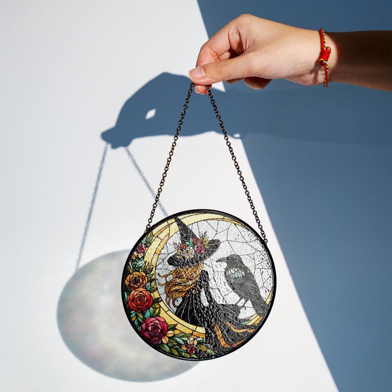 Witch And Raven Glass Hanging, Witchy Halloween Window Hanging, Raven Lovers, Dark Academia, Gothic Sign, Housewarming Gift