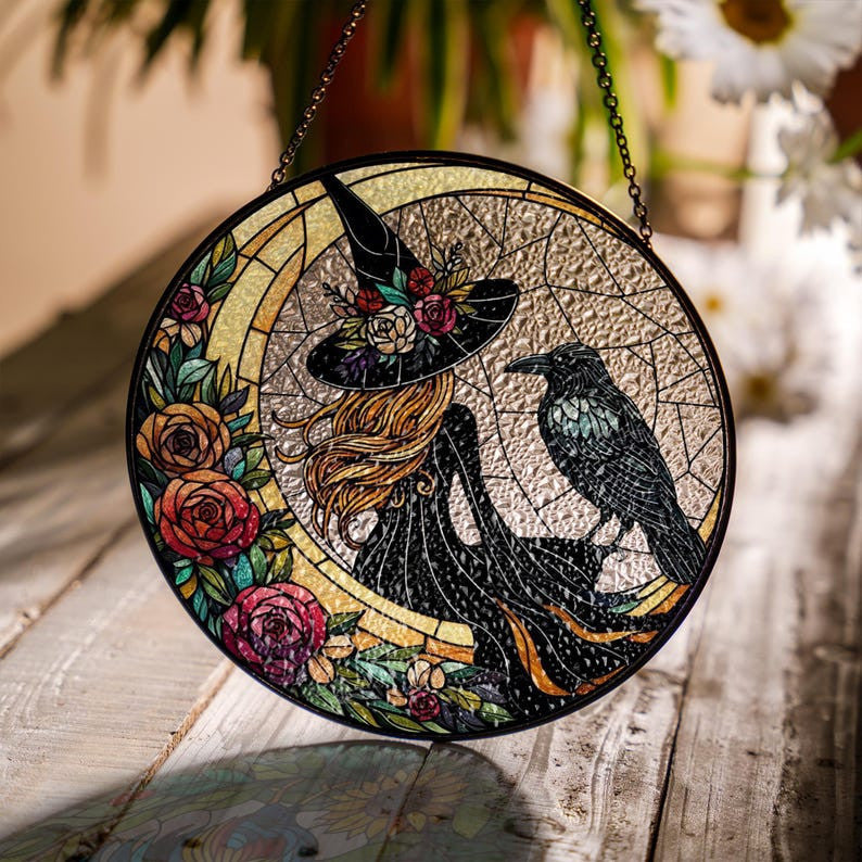 Witch And Raven Glass Hanging, Witchy Halloween Window Hanging, Raven Lovers, Dark Academia, Gothic Sign, Housewarming Gift