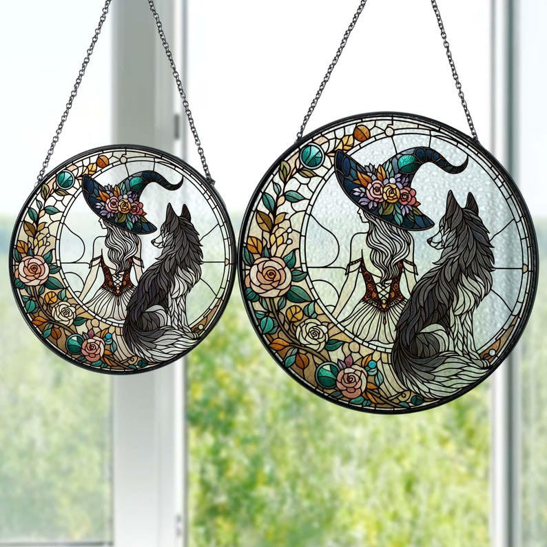 Witch And Wolf Glass Hanging, Witchy Halloween Window Hanging, Wolf Lovers, Dark Academia, Gothic Sign, Housewarming Gift
