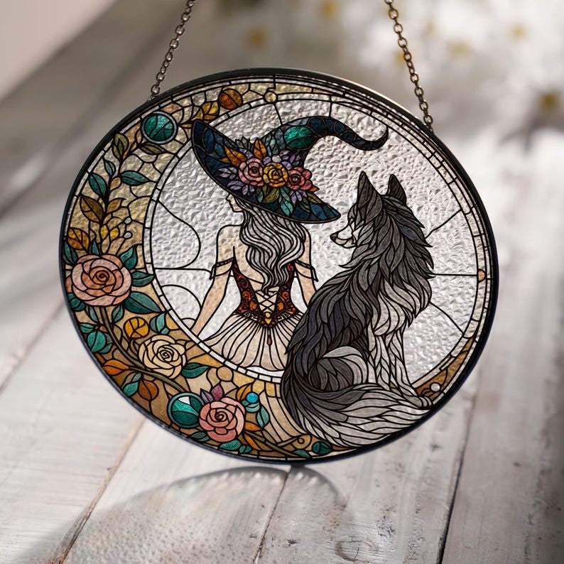 Witch And Wolf Glass Hanging, Witchy Halloween Window Hanging, Wolf Lovers, Dark Academia, Gothic Sign, Housewarming Gift