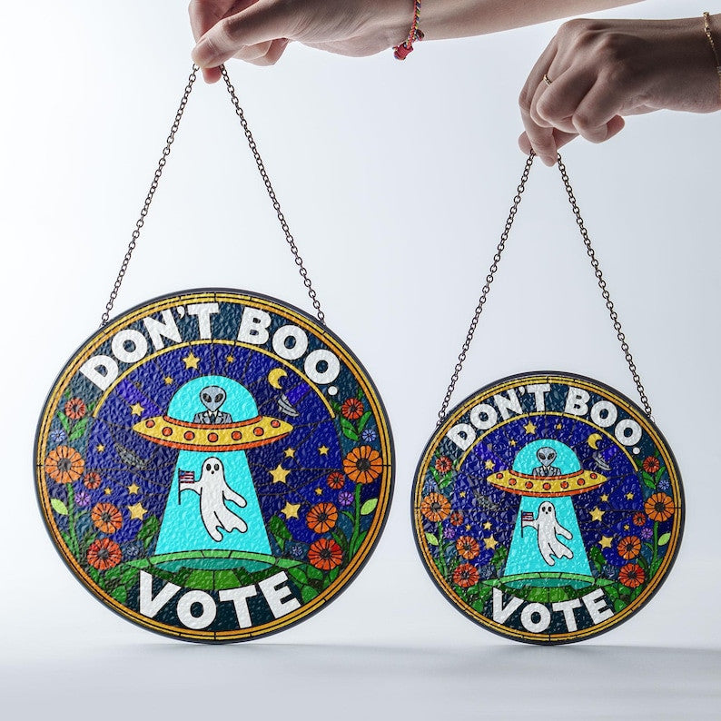 Ufo Alien Abduction Ghost Faux Stained Glass Suncatcher - Usa Ghost Don't Boo Vote Halloween Suncatcher, Funny Gift For Women, Window Hanging
