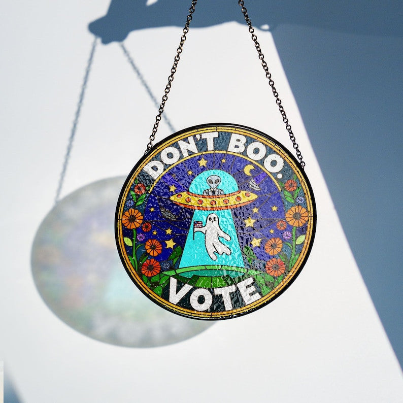 Ufo Alien Abduction Ghost Faux Stained Glass Suncatcher - Usa Ghost Don't Boo Vote Halloween Suncatcher, Funny Gift For Women, Window Hanging