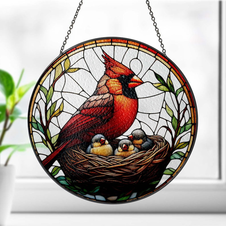 Cardinal Nest Glass Suncatcher Hanging, Cardinal Lovers, Window Hanging, Cardinal Suncatcher Ornament, Family Gift, Christmas Gift