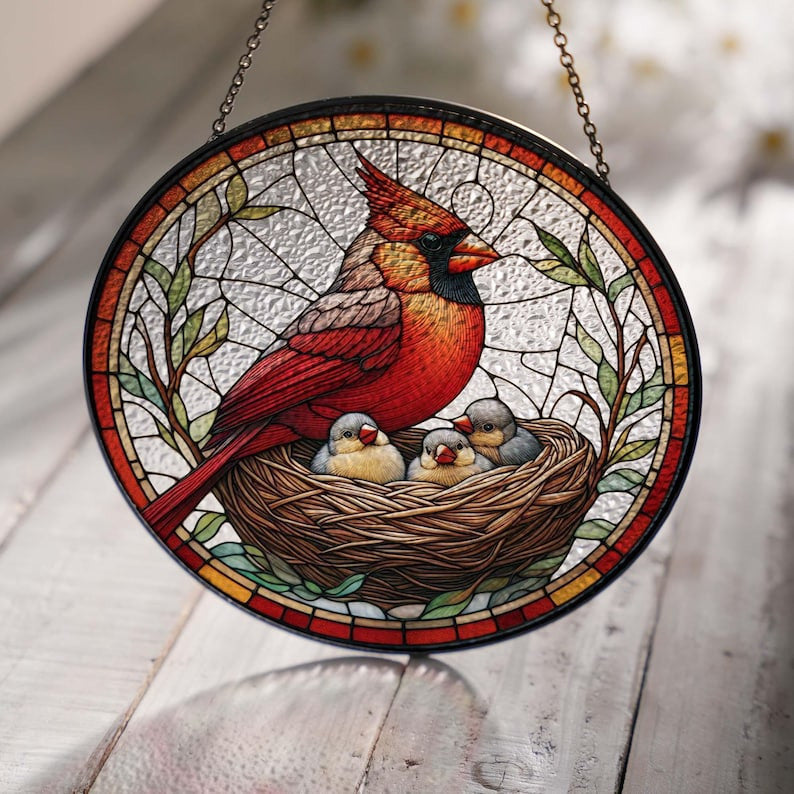 Cardinal Nest Glass Suncatcher Hanging, Cardinal Lovers, Window Hanging, Cardinal Suncatcher Ornament, Family Gift, Christmas Gift