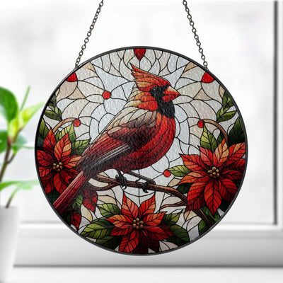 Cardinal On Poinsettia Branch Glass Suncatcher Hanging, Cardinal Lovers, Window Hanging, Cardinal Suncatcher Ornament, Christmas Gift