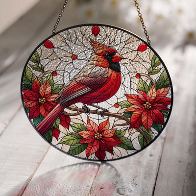 Cardinal On Poinsettia Branch Glass Suncatcher Hanging, Cardinal Lovers, Window Hanging, Cardinal Suncatcher Ornament, Christmas Gift