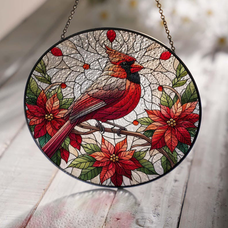 Cardinal On Poinsettia Branch Glass Suncatcher Hanging, Cardinal Lovers, Window Hanging, Cardinal Suncatcher Ornament, Christmas Gift