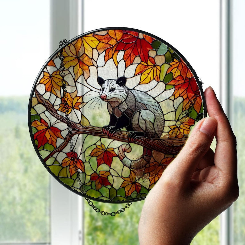 Possum On Autumn Tree Stain Glass, Possum Lover Decor, Fall Vibe Decor, Autumn Animal, Possum Gift, Funny Animal Decor, Thanksgiving Gift