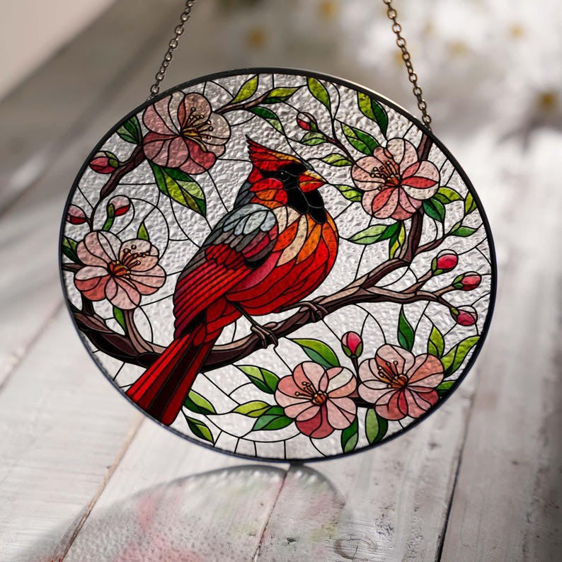 Cardinal On Peach Blossom Glass Suncatcher Hanging, Cardinal Lovers, Window Hanging, Suncatcher Ornament, Peach Lover