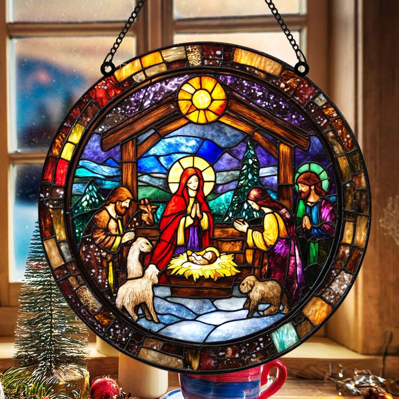Nativity Christmas Ornament, Nativity Religious Faux Stained Glass Suncatcher, Acrylic Suncatcher , Christmas Hanging Art Decor, Christmas Christian Jesus Suncatcher
