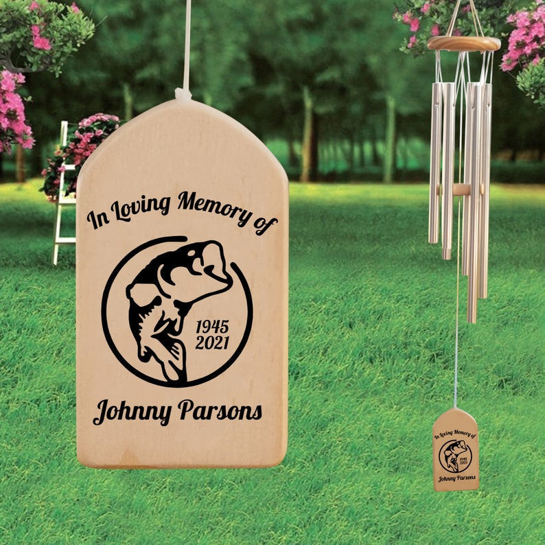 Bass Fisherman Memorial Personalized Wind Chime, Remembrance Grief Loss Gift, In Loving Memory Sympathy Gift, Loss of Mother Father