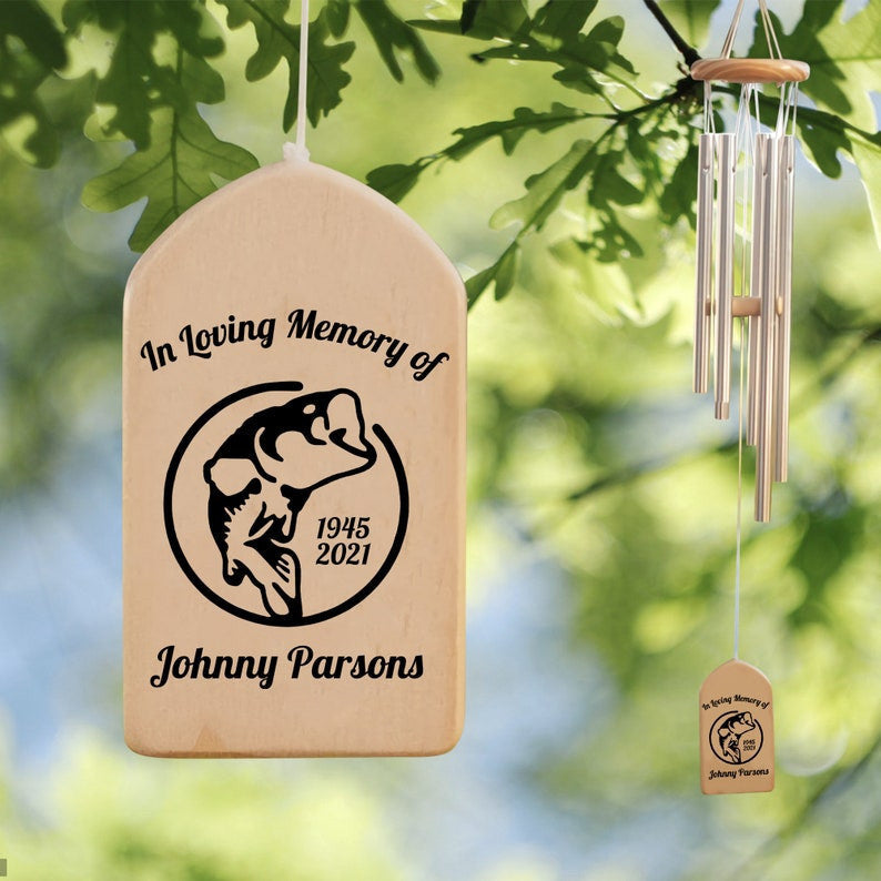 Bass Fisherman Memorial Personalized Wind Chime, Remembrance Grief Loss Gift, In Loving Memory Sympathy Gift, Loss of Mother Father