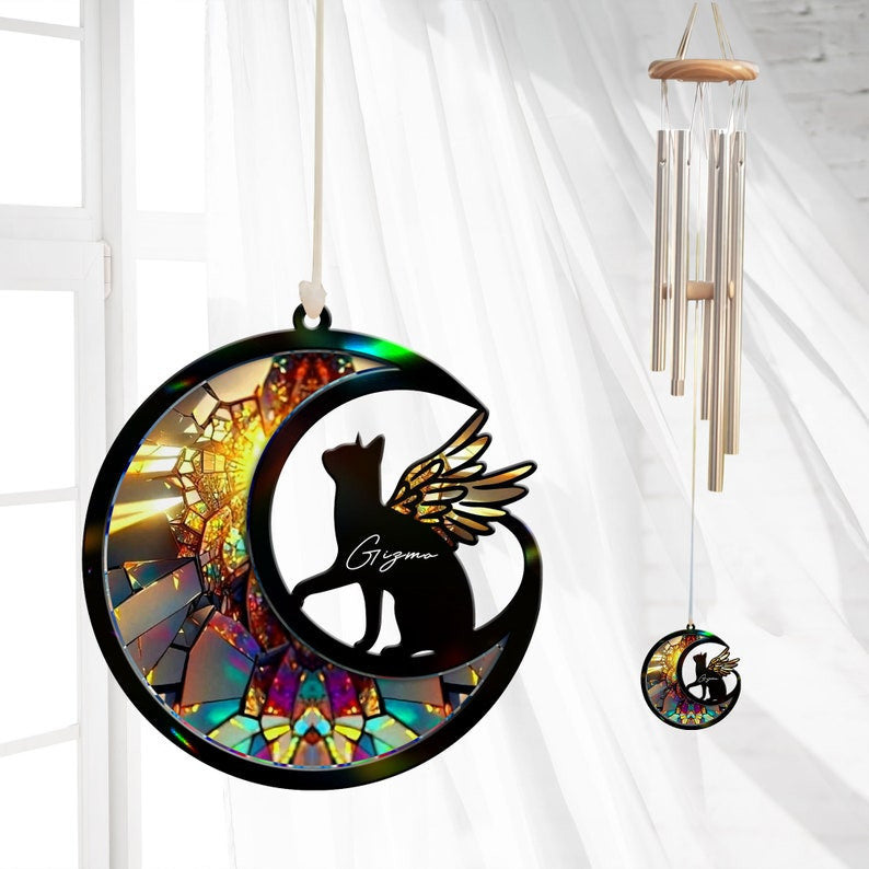 Custom Cat with Wings Suncatcher Wind Chime, Cat Memorial Wind Chime, Pet Loss Sympathy Gift, Loss of Cat Remembrance Gift, Cat on Moon