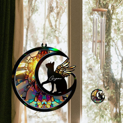 Custom Cat with Wings Suncatcher Wind Chime, Cat Memorial Wind Chime, Pet Loss Sympathy Gift, Loss of Cat Remembrance Gift, Cat on Moon