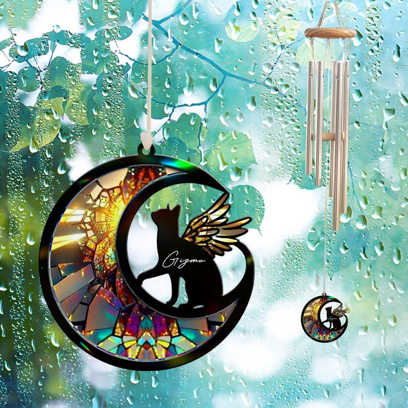 Custom Cat with Wings Suncatcher Wind Chime, Cat Memorial Wind Chime, Pet Loss Sympathy Gift, Loss of Cat Remembrance Gift, Cat on Moon
