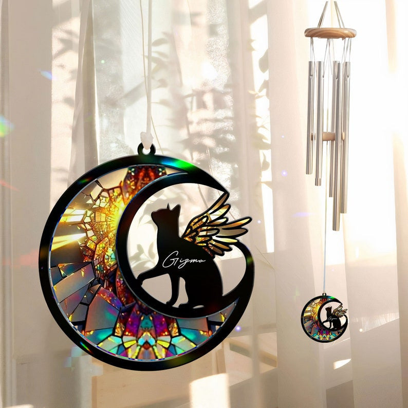Custom Cat with Wings Suncatcher Wind Chime, Cat Memorial Wind Chime, Pet Loss Sympathy Gift, Loss of Cat Remembrance Gift, Cat on Moon