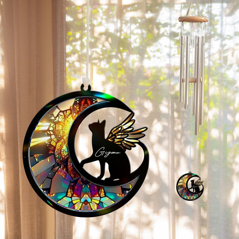 Custom Cat with Wings Suncatcher Wind Chime, Cat Memorial Wind Chime, Pet Loss Sympathy Gift, Loss of Cat Remembrance Gift, Cat on Moon