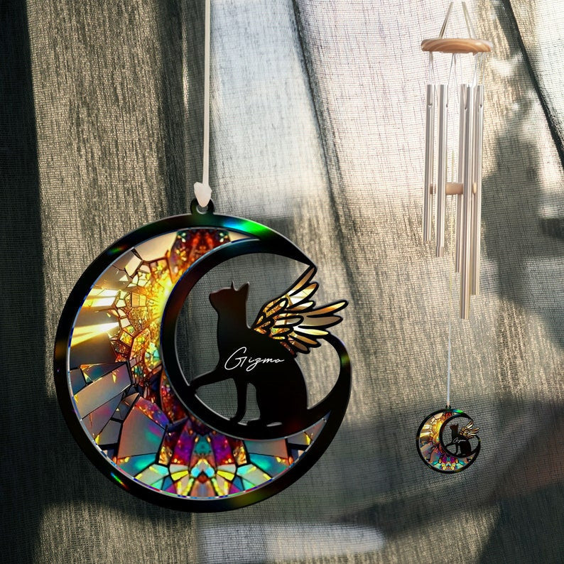 Custom Cat with Wings Suncatcher Wind Chime, Cat Memorial Wind Chime, Pet Loss Sympathy Gift, Loss of Cat Remembrance Gift, Cat on Moon