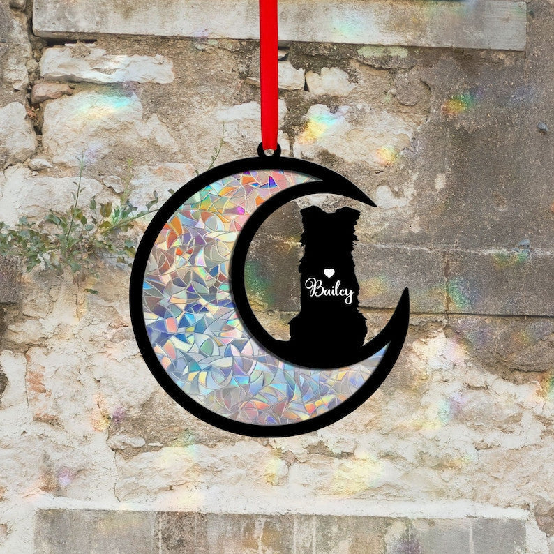 Custom Border Collie on Moon Suncatcher Black Wind Chime, Dog Memorial Wind Chime, Dog Lover Gift, Pet Loss Sympathy Gift, Window Hanging
