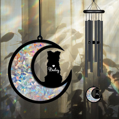 Custom Border Collie on Moon Suncatcher Black Wind Chime, Dog Memorial Wind Chime, Dog Lover Gift, Pet Loss Sympathy Gift, Window Hanging