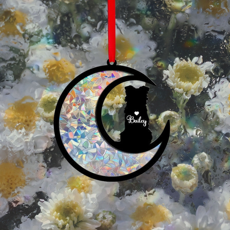 Custom Border Collie on Moon Suncatcher Black Wind Chime, Dog Memorial Wind Chime, Dog Lover Gift, Pet Loss Sympathy Gift, Window Hanging