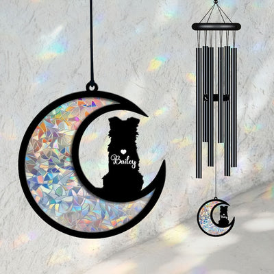 Custom Border Collie on Moon Suncatcher Black Wind Chime, Dog Memorial Wind Chime, Dog Lover Gift, Pet Loss Sympathy Gift, Window Hanging