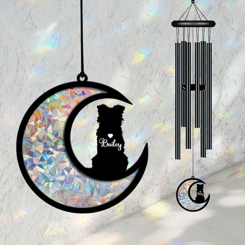 Custom Border Collie on Moon Suncatcher Black Wind Chime, Dog Memorial Wind Chime, Dog Lover Gift, Pet Loss Sympathy Gift, Window Hanging