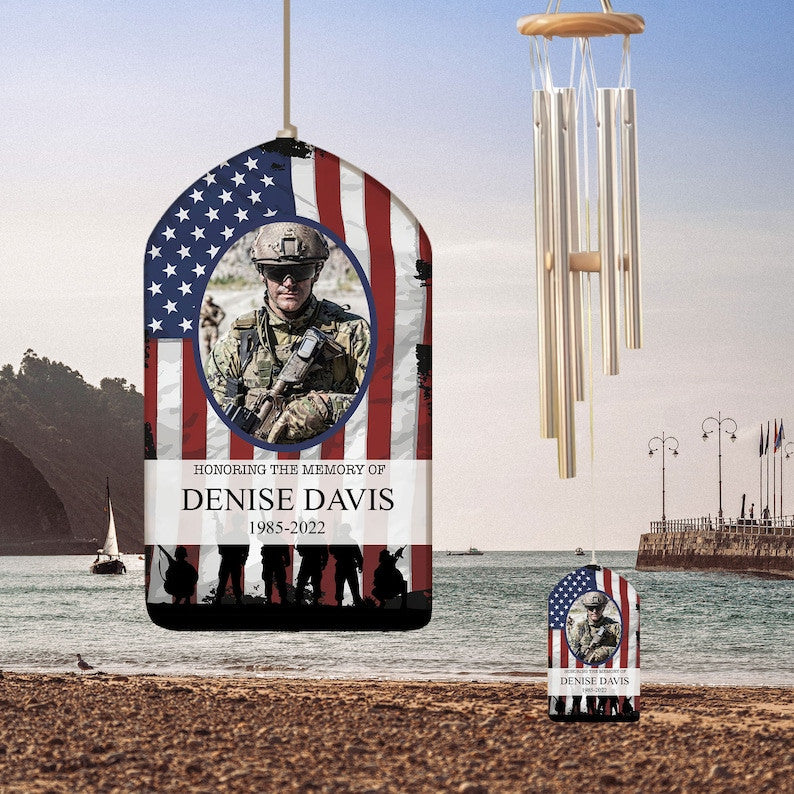 Custom Military Memorial Day Wind Chime, Veteran Memorial Gift, In Loving Memory, Sympathy Flag, Soldier Memorial 4th of July, Funeral Gift