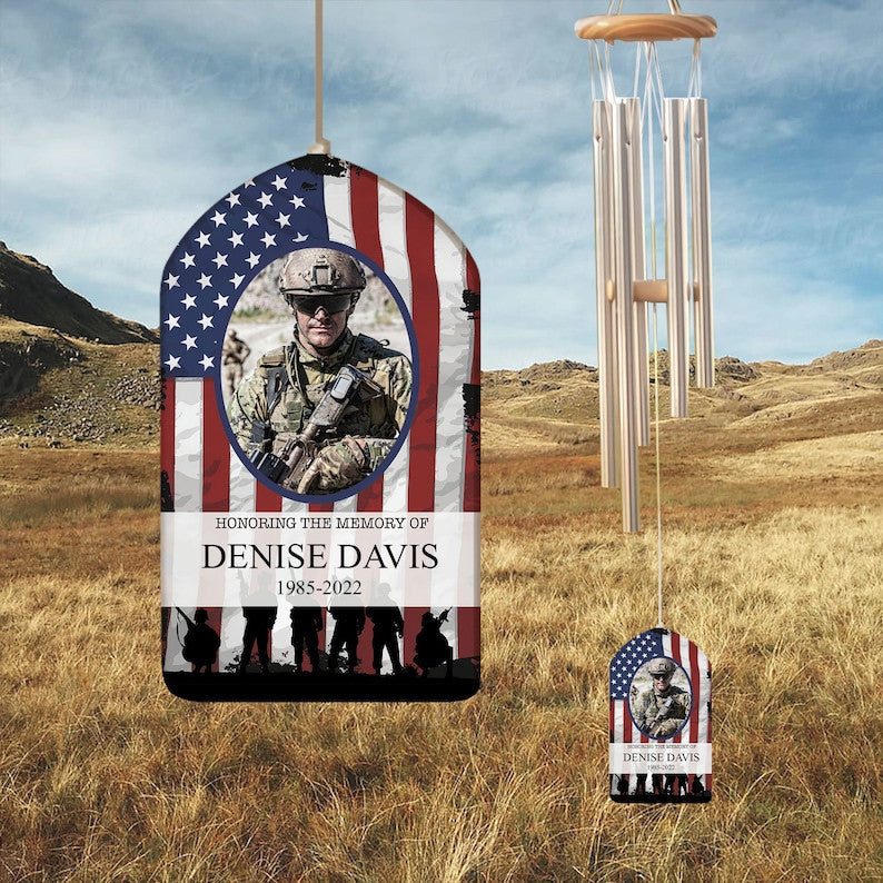 Custom Military Memorial Day Wind Chime, Veteran Memorial Gift, In Loving Memory, Sympathy Flag, Soldier Memorial 4th of July, Funeral Gift