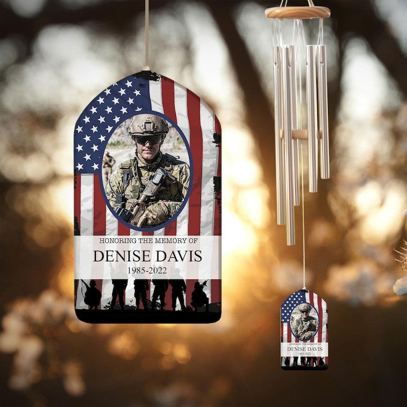 Custom Military Memorial Day Wind Chime, Veteran Memorial Gift, In Loving Memory, Sympathy Flag, Soldier Memorial 4th of July, Funeral Gift