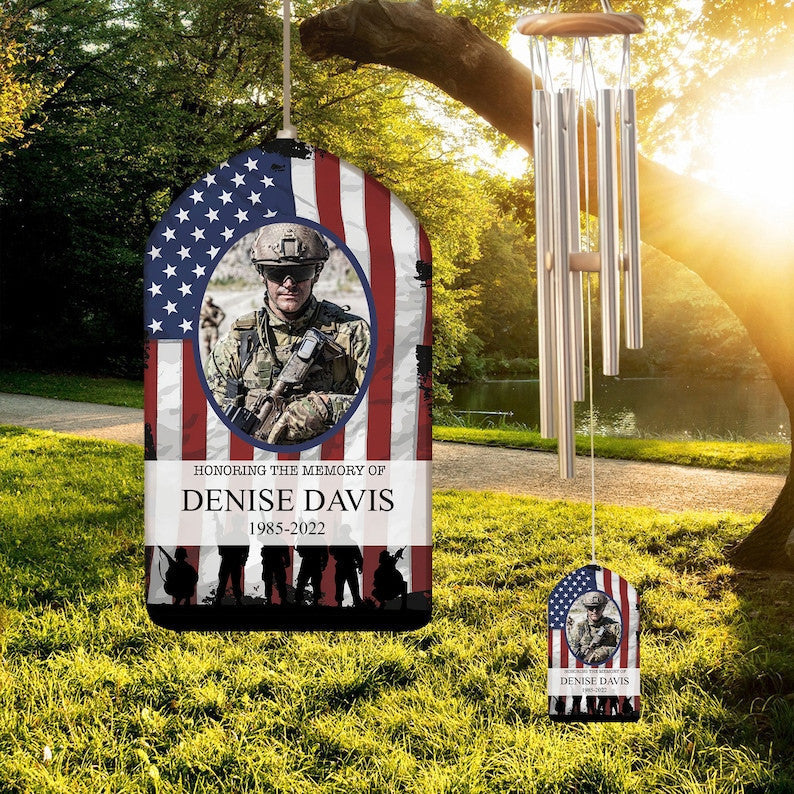 Custom Military Memorial Day Wind Chime, Veteran Memorial Gift, In Loving Memory, Sympathy Flag, Soldier Memorial 4th of July, Funeral Gift