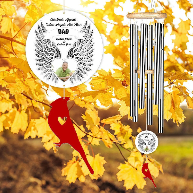 Custom Photo Cardinal Memorial Wind Chime (2 Pieces Tail Acrylic), Cardinals Appear When Angels are Near, Sympathy Gift Outdoor Garden Decor