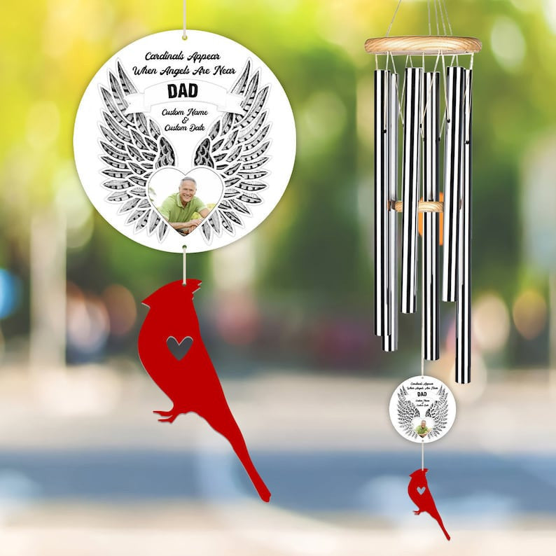 Custom Photo Cardinal Memorial Wind Chime (2 Pieces Tail Acrylic), Cardinals Appear When Angels are Near, Sympathy Gift Outdoor Garden Decor