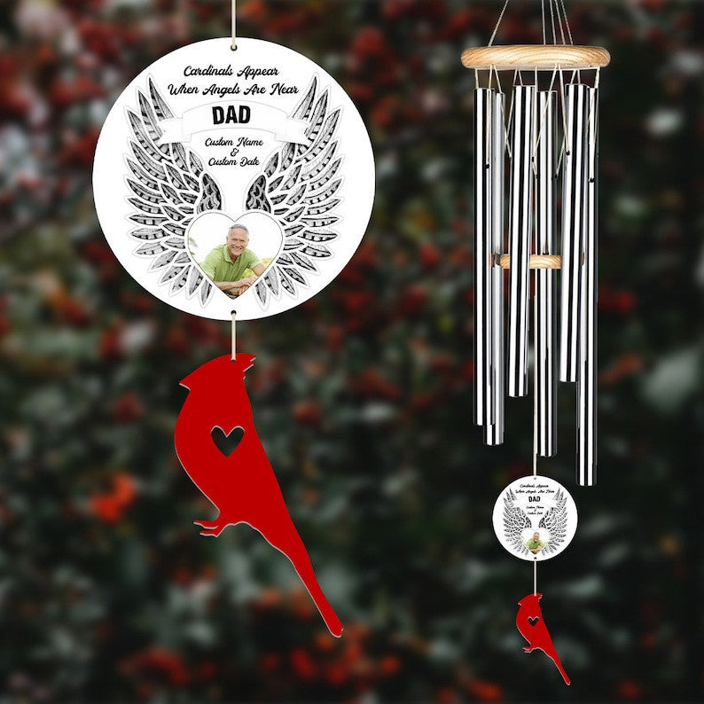 Custom Photo Cardinal Memorial Wind Chime (2 Pieces Tail Acrylic), Cardinals Appear When Angels are Near, Sympathy Gift Outdoor Garden Decor