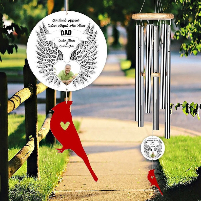 Custom Photo Cardinal Memorial Wind Chime (2 Pieces Tail Acrylic), Cardinals Appear When Angels are Near, Sympathy Gift Outdoor Garden Decor