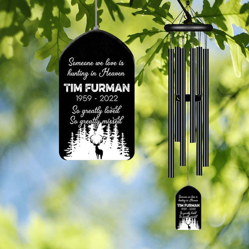 Someone We Love Is Hunting in Heaven Black Wind Chime, Dad Memorial Gift, Loss of Dad Sympathy Gift, Fathers Day Outdoor Decor, Deer Hunter