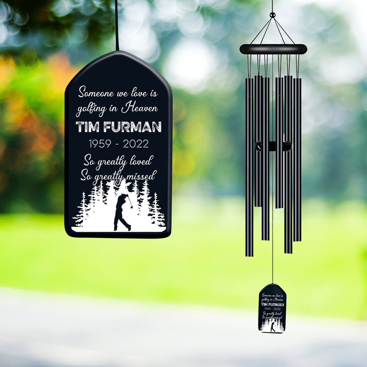 Someone We Love Is Golfing in Heaven Black Wind Chime, Golfer Dad Memorial Gift, Loss of Dad Sympathy Gift, Fathers Day Outdoor Decor