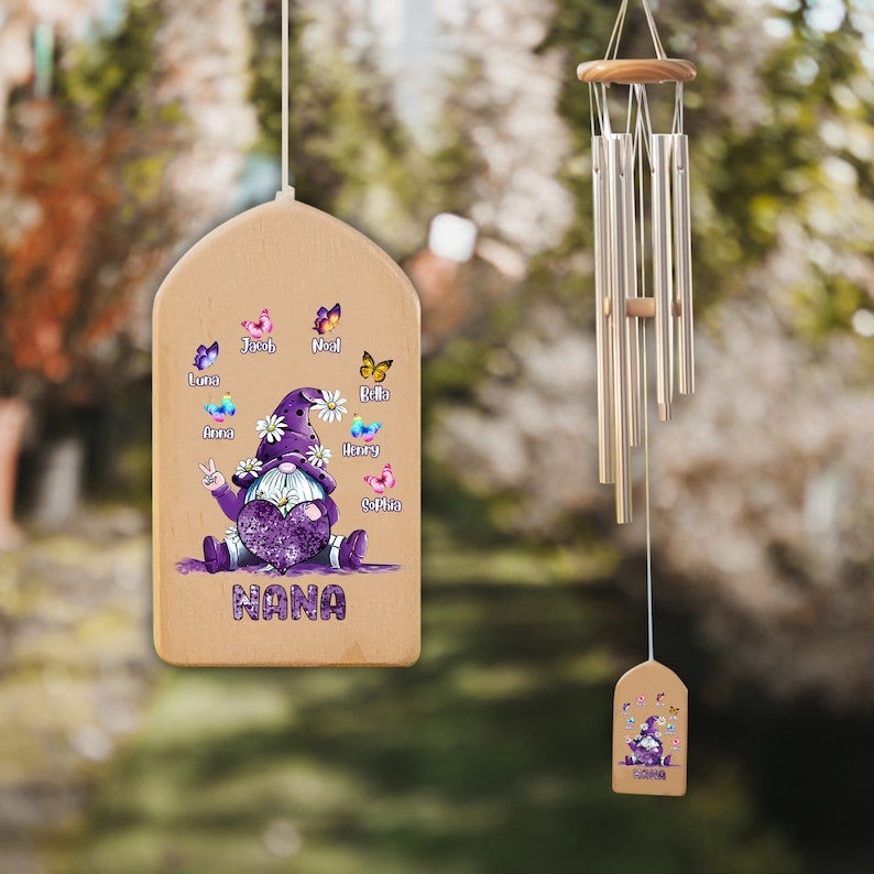 Personalized Wind Chimes Gift, Grandma Gift Chime, Mother's Day Gift, Custom Gnome Wind Chime, Grandparent's Day Gift, Gift for Grandma Nana