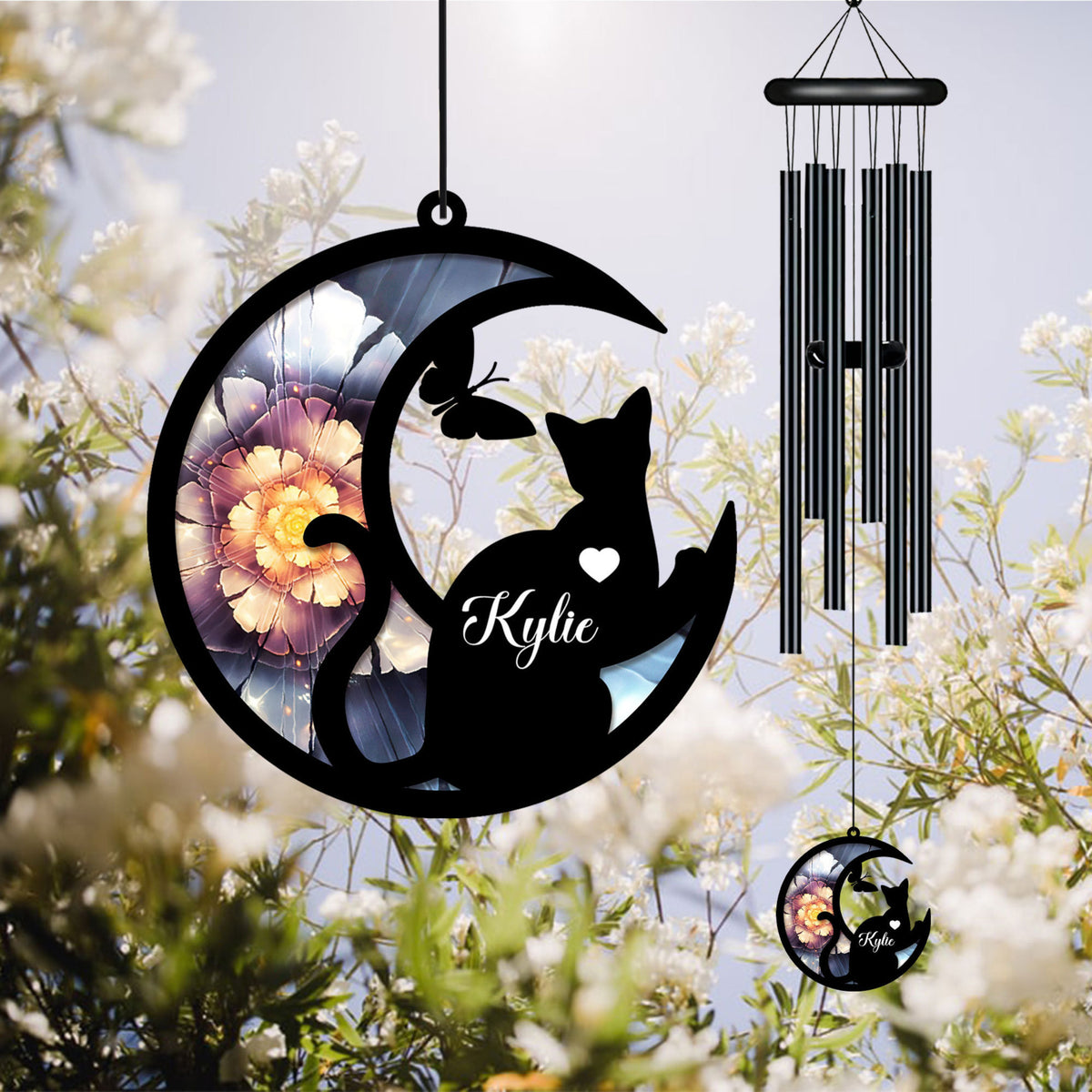 Custom Lying Cat Butterfly Suncatcher Black Wind Chime, Cat Memorial Wind Chime, Floral Wind Chime, Pet Loss Sympathy Gift, Cat Lovers Gift