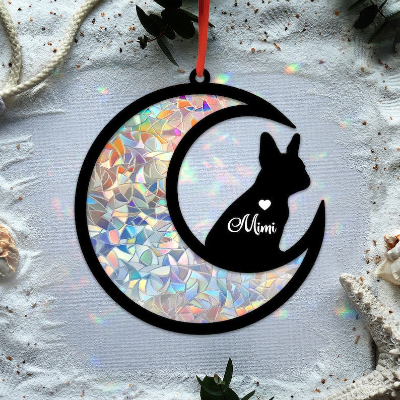 Custom French Bulldog on Moon Suncatcher Black Wind Chime, Dog Memorial Wind Chime, Dog Lover Gift, Pet Loss Sympathy Gift, Window Hanging