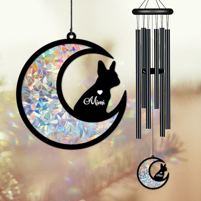 Custom French Bulldog on Moon Suncatcher Black Wind Chime, Dog Memorial Wind Chime, Dog Lover Gift, Pet Loss Sympathy Gift, Window Hanging