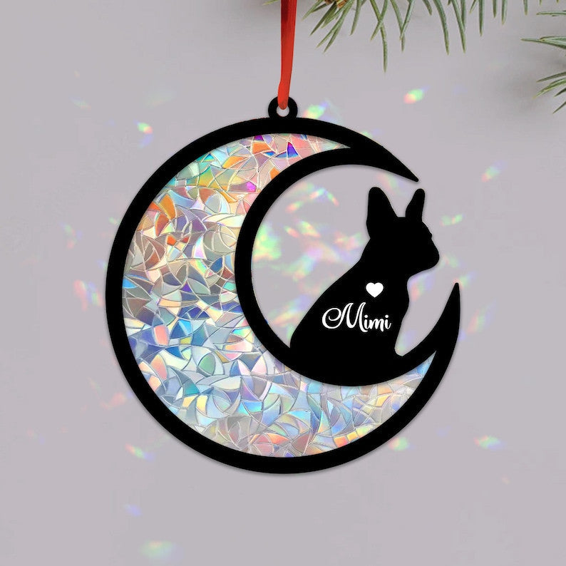 Custom French Bulldog on Moon Suncatcher Black Wind Chime, Dog Memorial Wind Chime, Dog Lover Gift, Pet Loss Sympathy Gift, Window Hanging