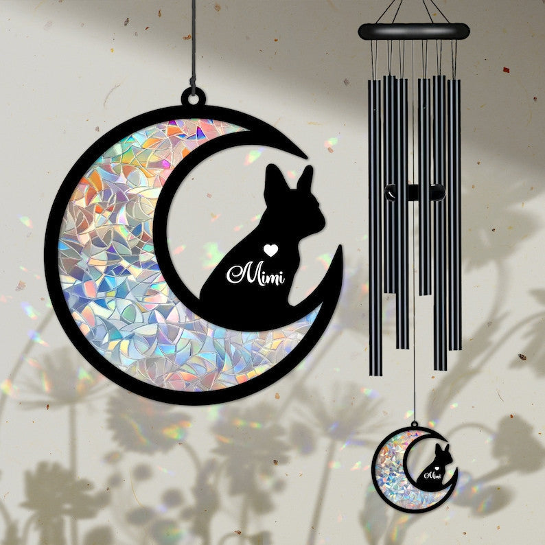 Custom French Bulldog on Moon Suncatcher Black Wind Chime, Dog Memorial Wind Chime, Dog Lover Gift, Pet Loss Sympathy Gift, Window Hanging